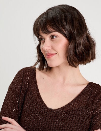 Pull ajouré manches longues marron foncé femme