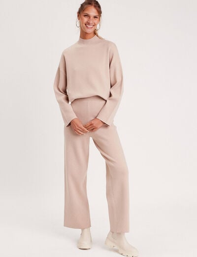 Pantalon tricot jambe large sable femme