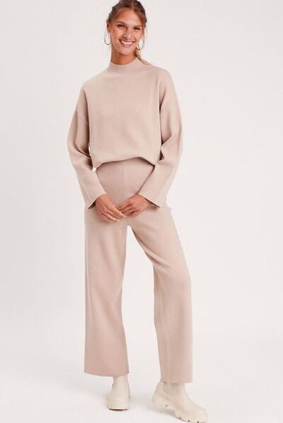 Pantalon tricot jambe large sable femme