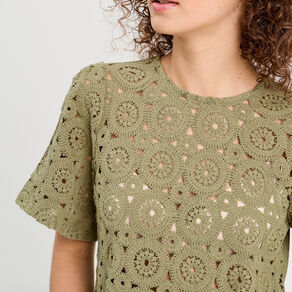T-shirt macramé col rond vert kaki femme