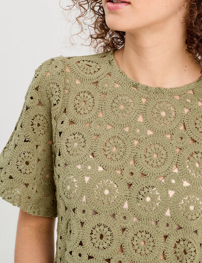 T-shirt macramé col rond vert kaki femme