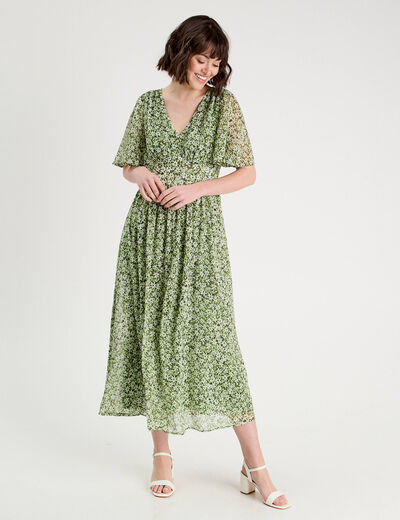 Robe longue évasée col en V vert femme