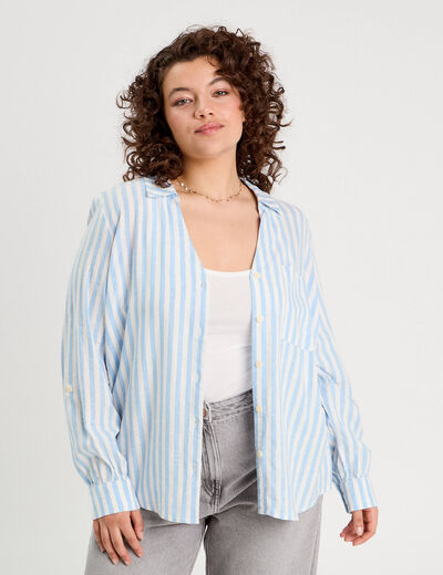 Chemise manches longues contenant du lin bleu femme