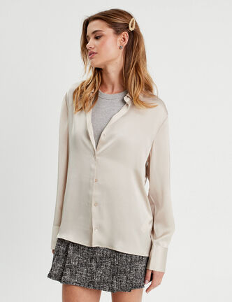 Chemise manches longues satin beige femme