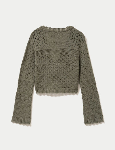 Gilet ajust&eacute; ajour&eacute; manches longues vert kaki femme
