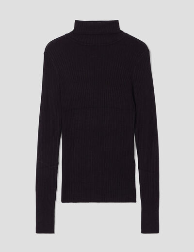 Pull col roulé côtelé noir femme