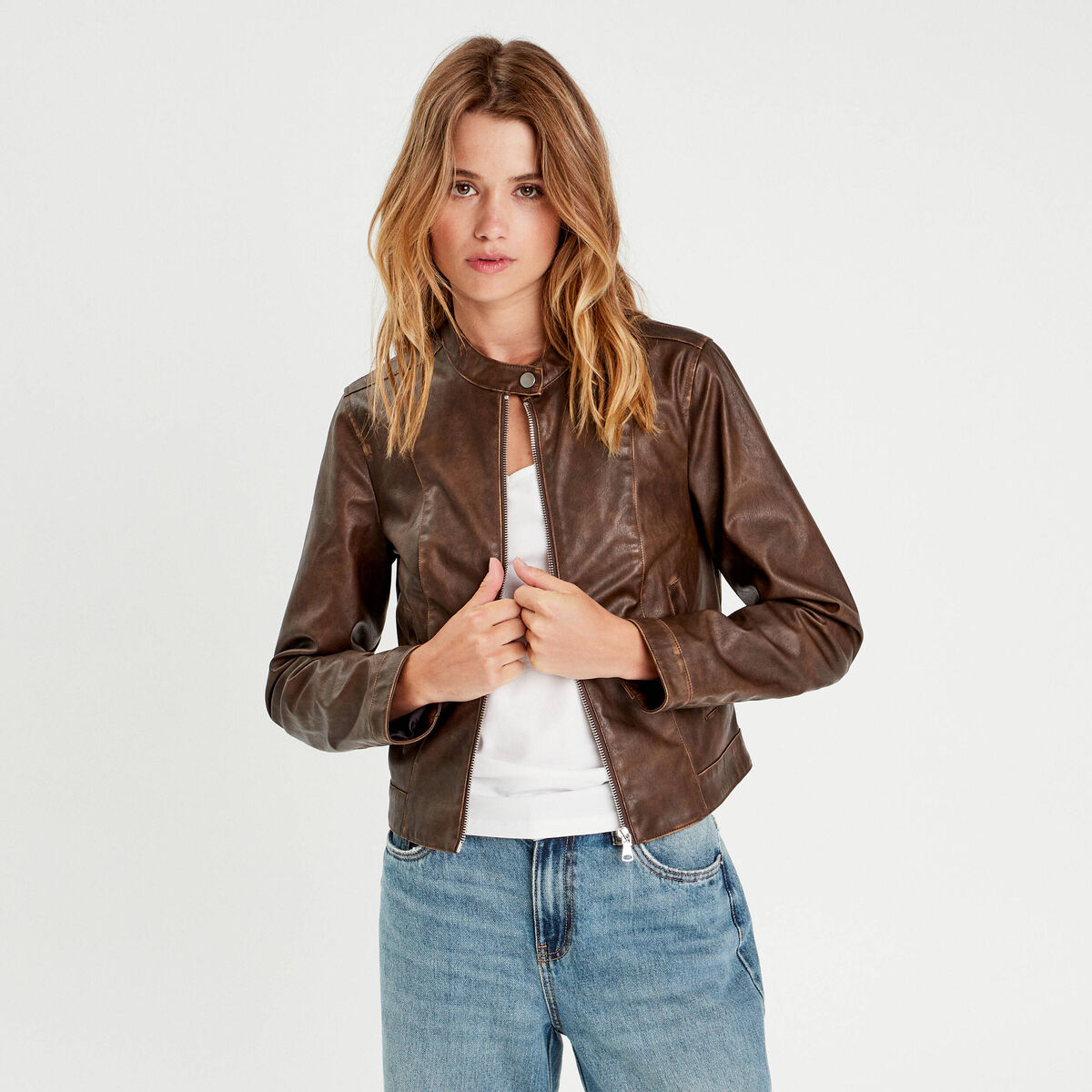 Veste simili cuir zippée marron foncé femme