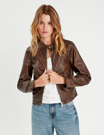 Veste simili cuir zippée marron foncé femme