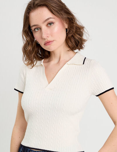 Top col polo manches courtes blanc femme
