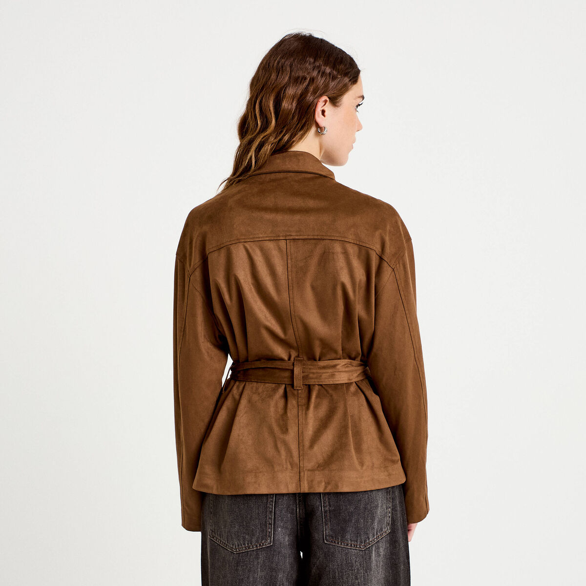 Caban droit col montant aspect daim marron femme
