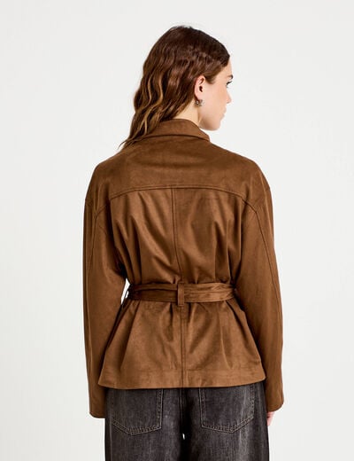 Caban droit col montant aspect daim marron femme