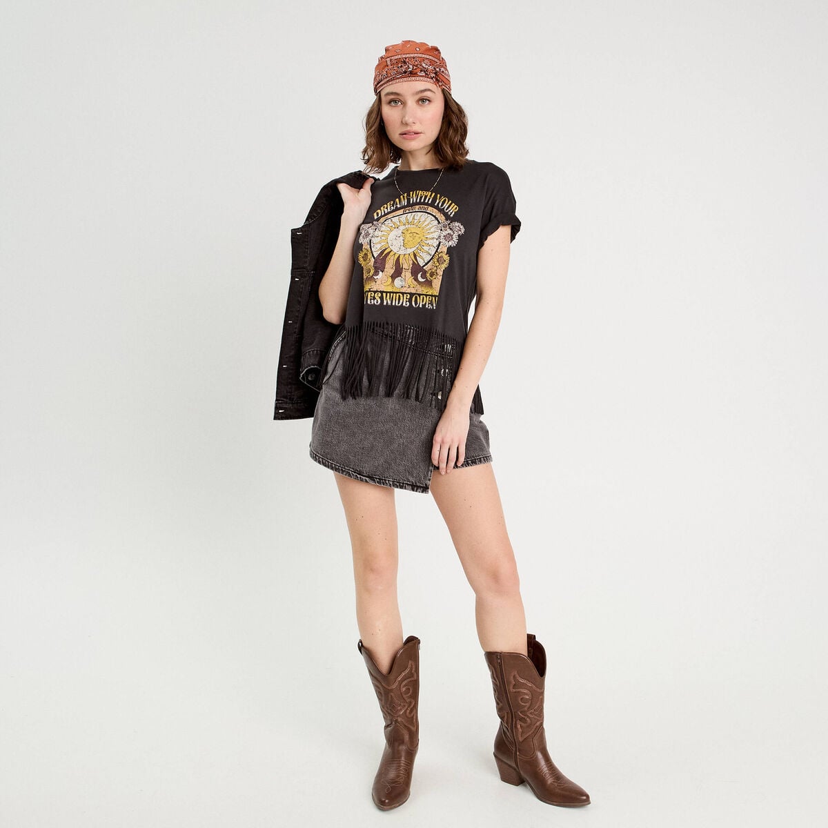 T-shirt avec franges noir femme