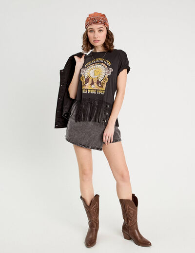 T-shirt avec franges noir femme