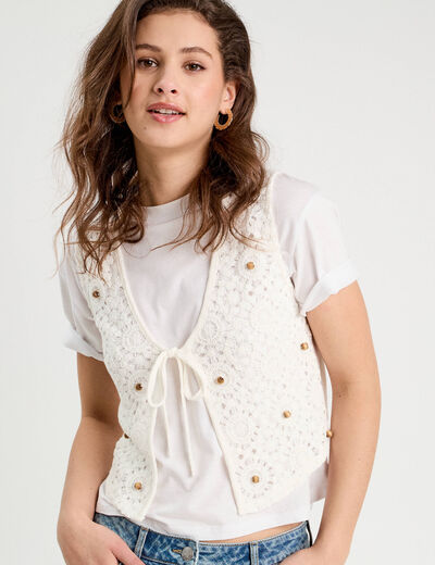Gilet noué effet crochet ecru femme
