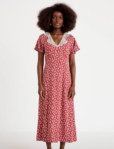 Robe longue &eacute;vas&eacute;e col v dentelle terracotta femme