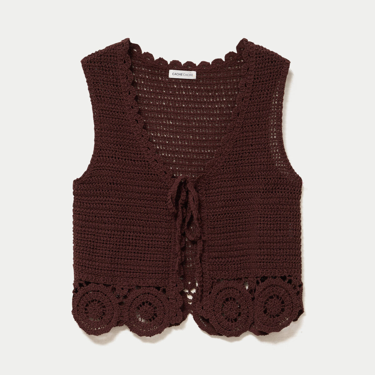 Gilet ajust&eacute; court sans manches col v marron fonc&eacute; femme