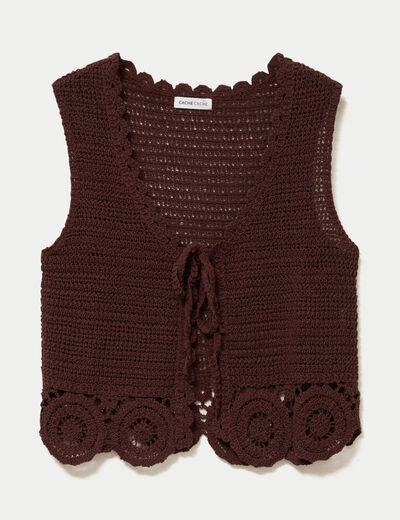 Gilet ajust&eacute; court sans manches col v marron fonc&eacute; femme