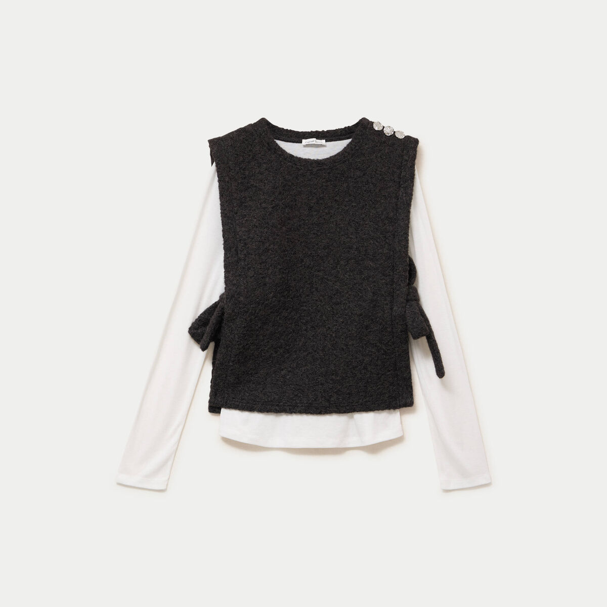 T-shirt 2-en-1 col rond manches longues gris fonc&eacute; femme