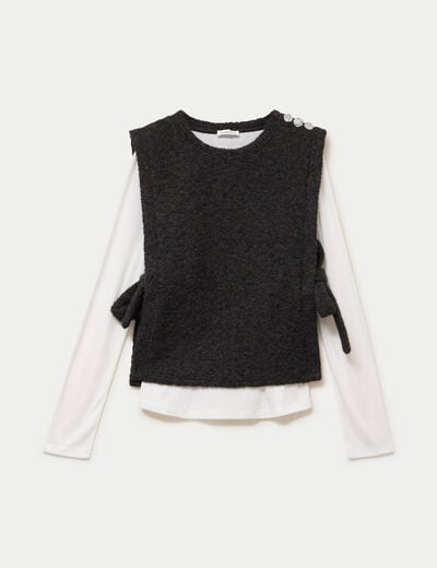 T-shirt 2-en-1 col rond manches longues gris fonc&eacute; femme