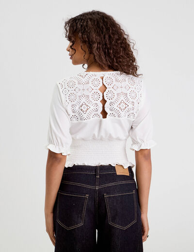 Blouse manches courtes smockée blanc femme