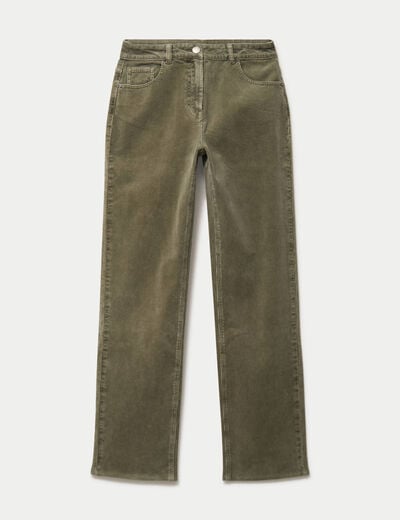 Pantalon droit en velours vert kaki femme