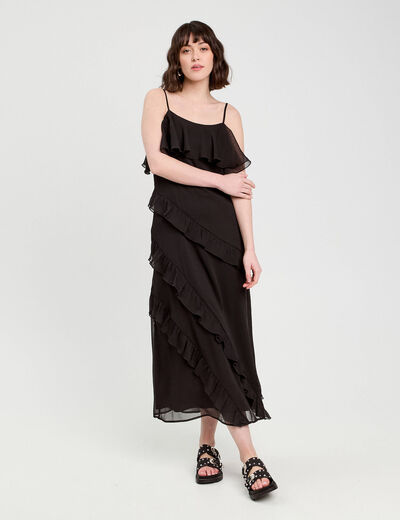 Robe longue droite volants noir femme