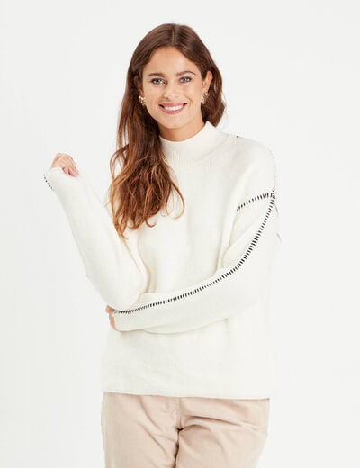 Pull brodé col montant ecru femme