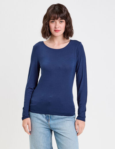 T-shirt uni à manches longues bleu foncé femme