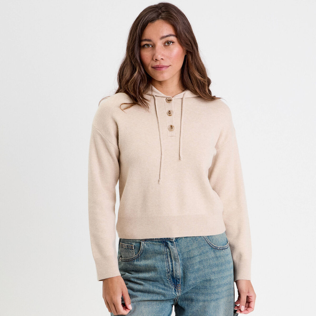 Pull &agrave; capuche manches longues beige femme