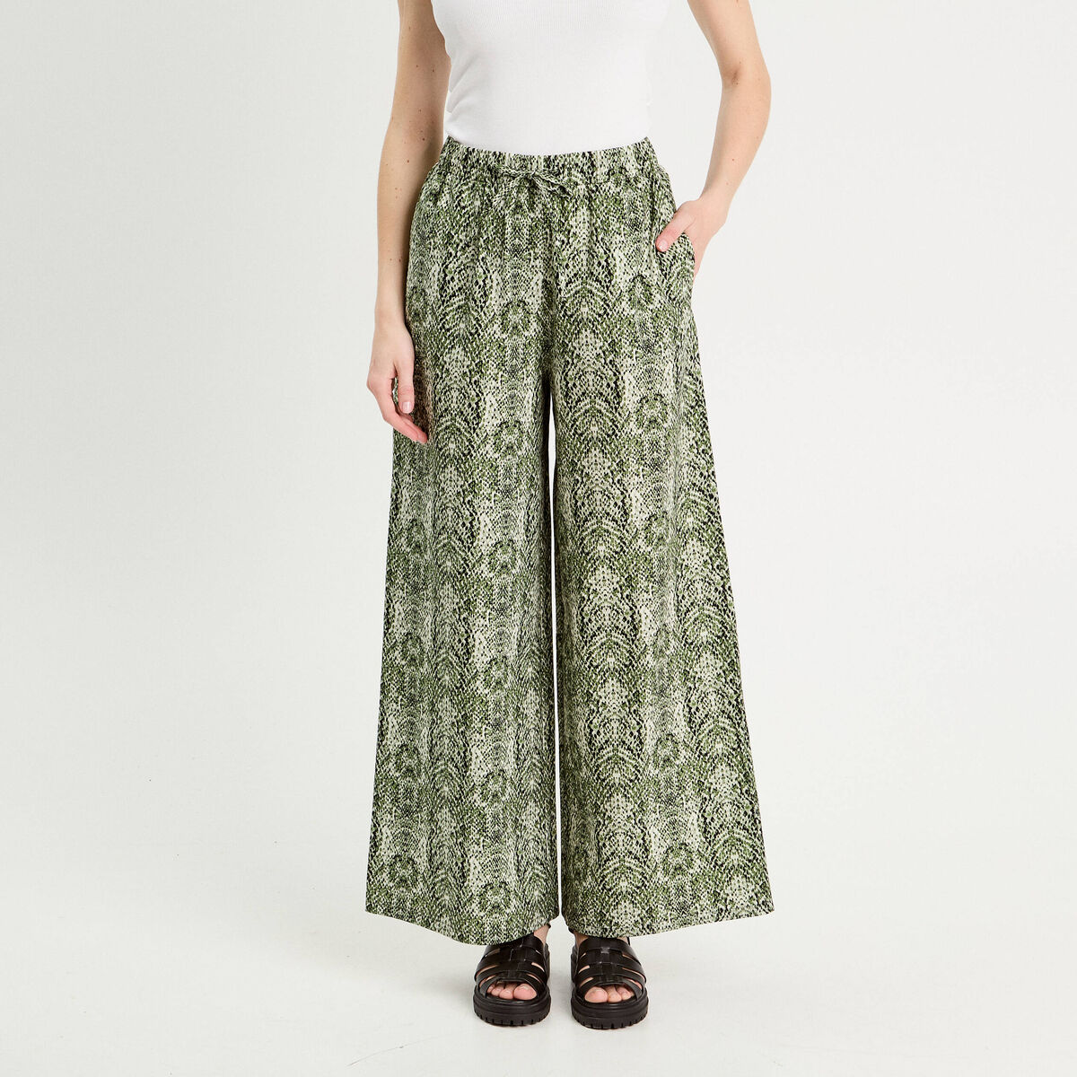 Pantalon large taille haute vert kaki femme
