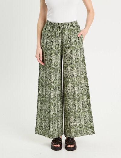 Pantalon large taille haute vert kaki femme