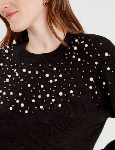 Pull perles et détails bijoux noir femme