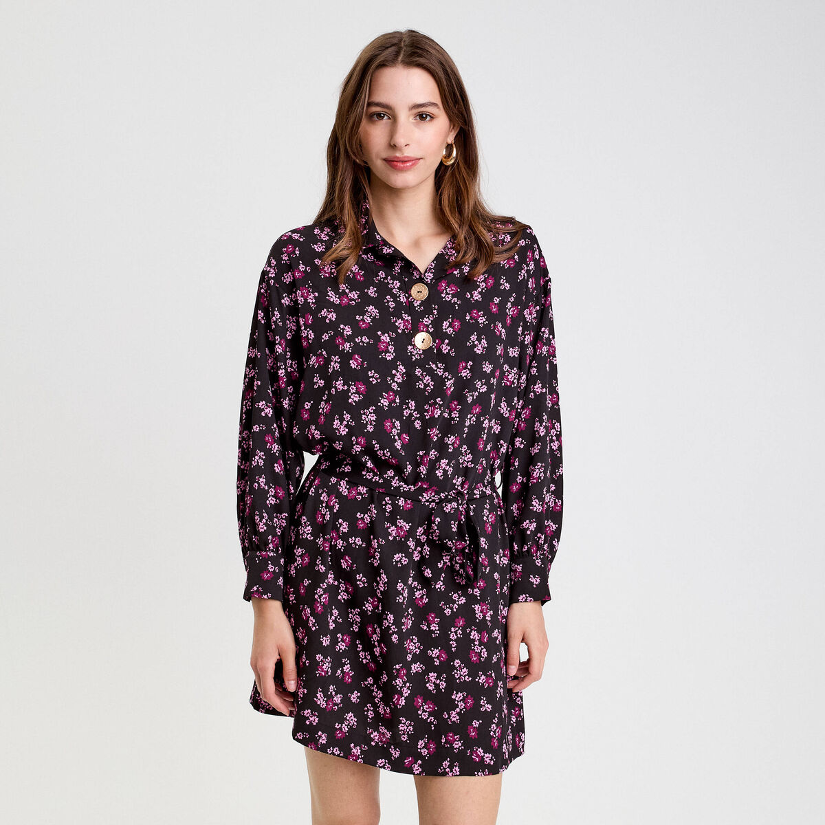 Robe courte droite col chemise noir femme
