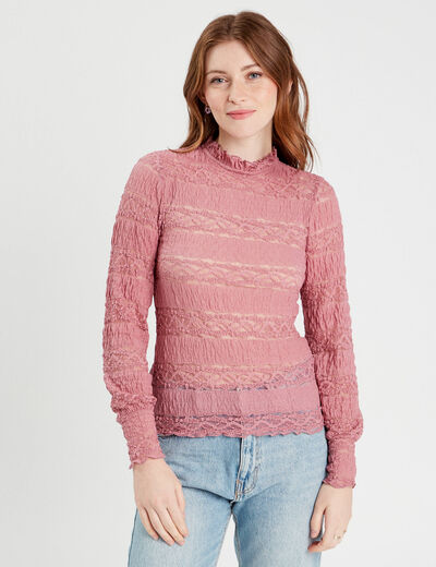 Blouse dentelle col montant vieux rose femme