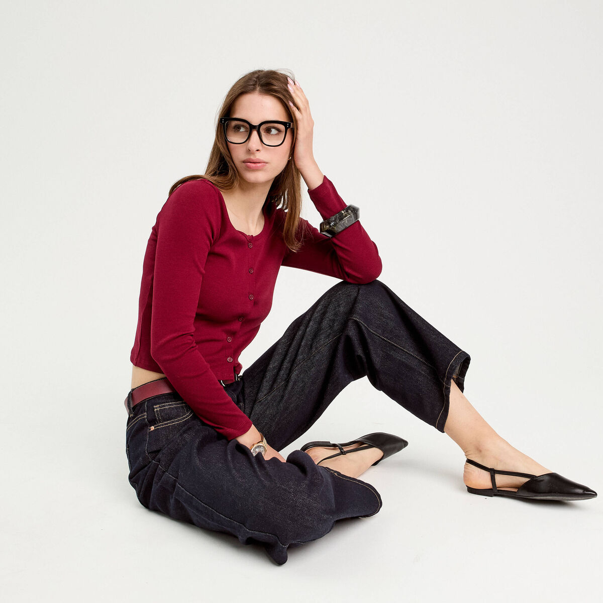 Gilet manches longues c&ocirc;tel&eacute; rouge fonc&eacute; femme