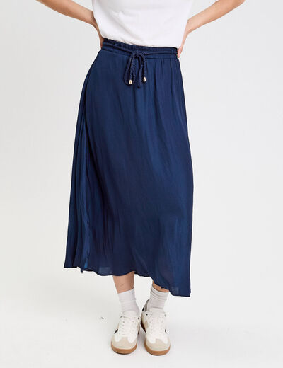 Jupe longue évasée satin bleu marine femme