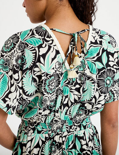 Robe &eacute;vas&eacute;e 3/4 col v manches courtes noir femme