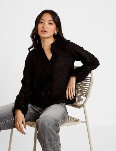 Blouse ample manches longues chin&eacute;e noir femme