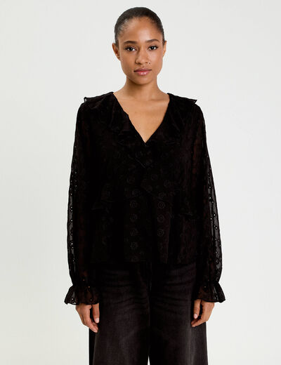 Blouse droite courte manches longues noir femme