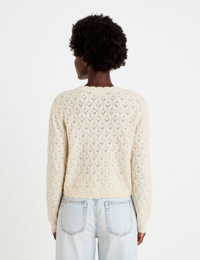 Gilet ajour&eacute; col v manches longues ecru femme