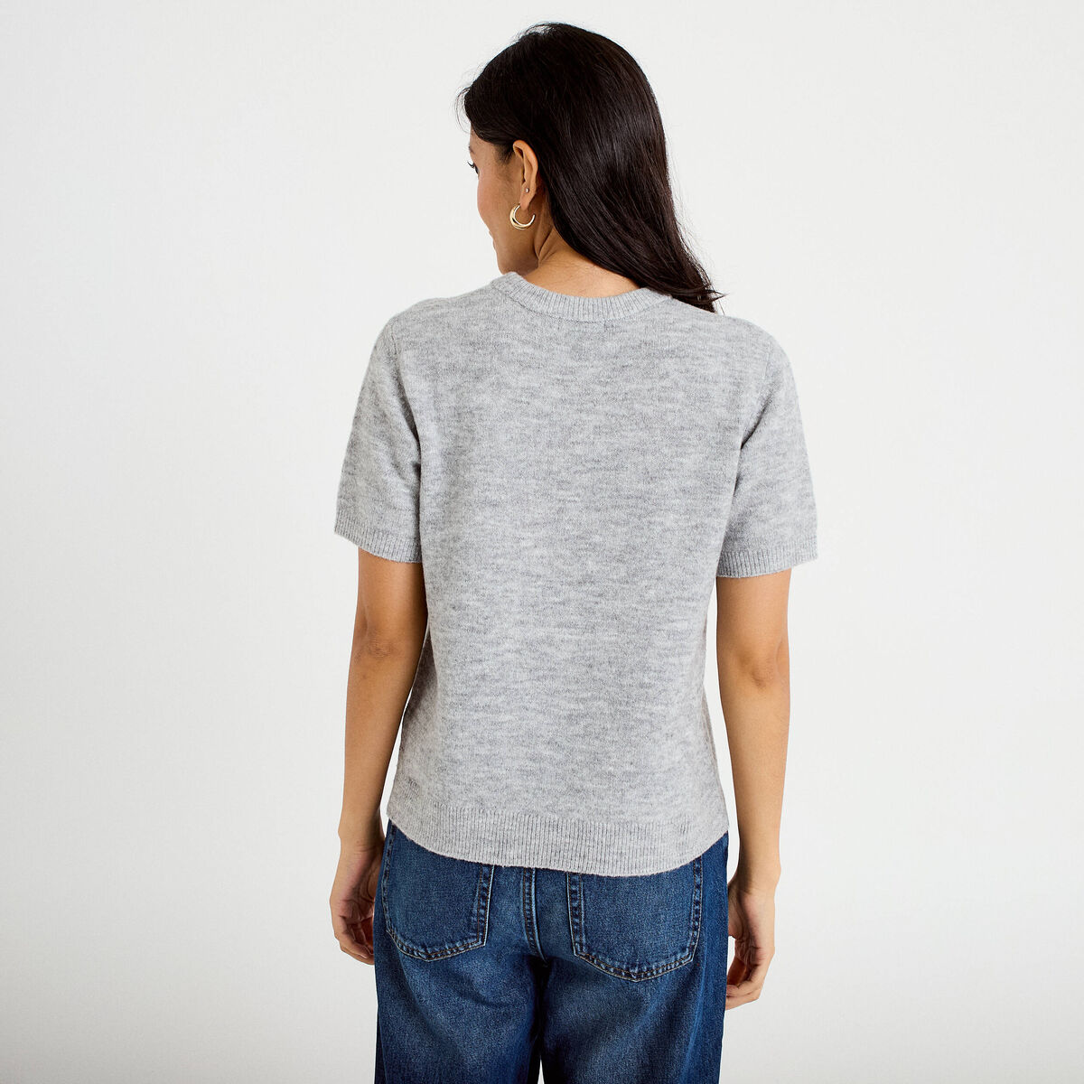 Pull ample manches courtes gris clair femme