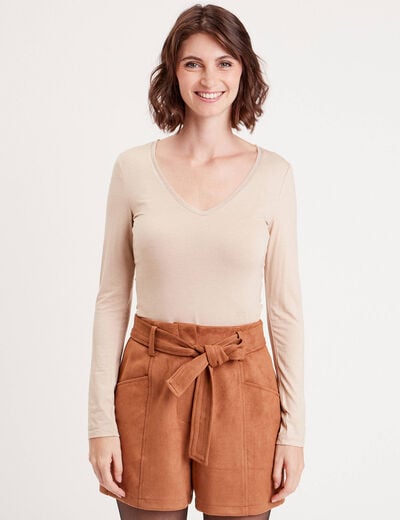 T-shirt thermique col en V plumetis sable femme