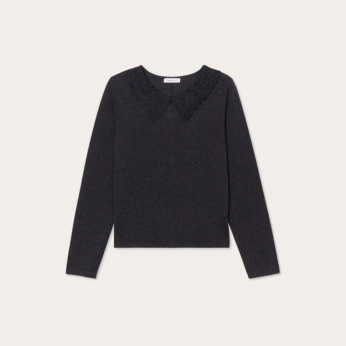 T-shirt col claudine macramé gris foncé femme