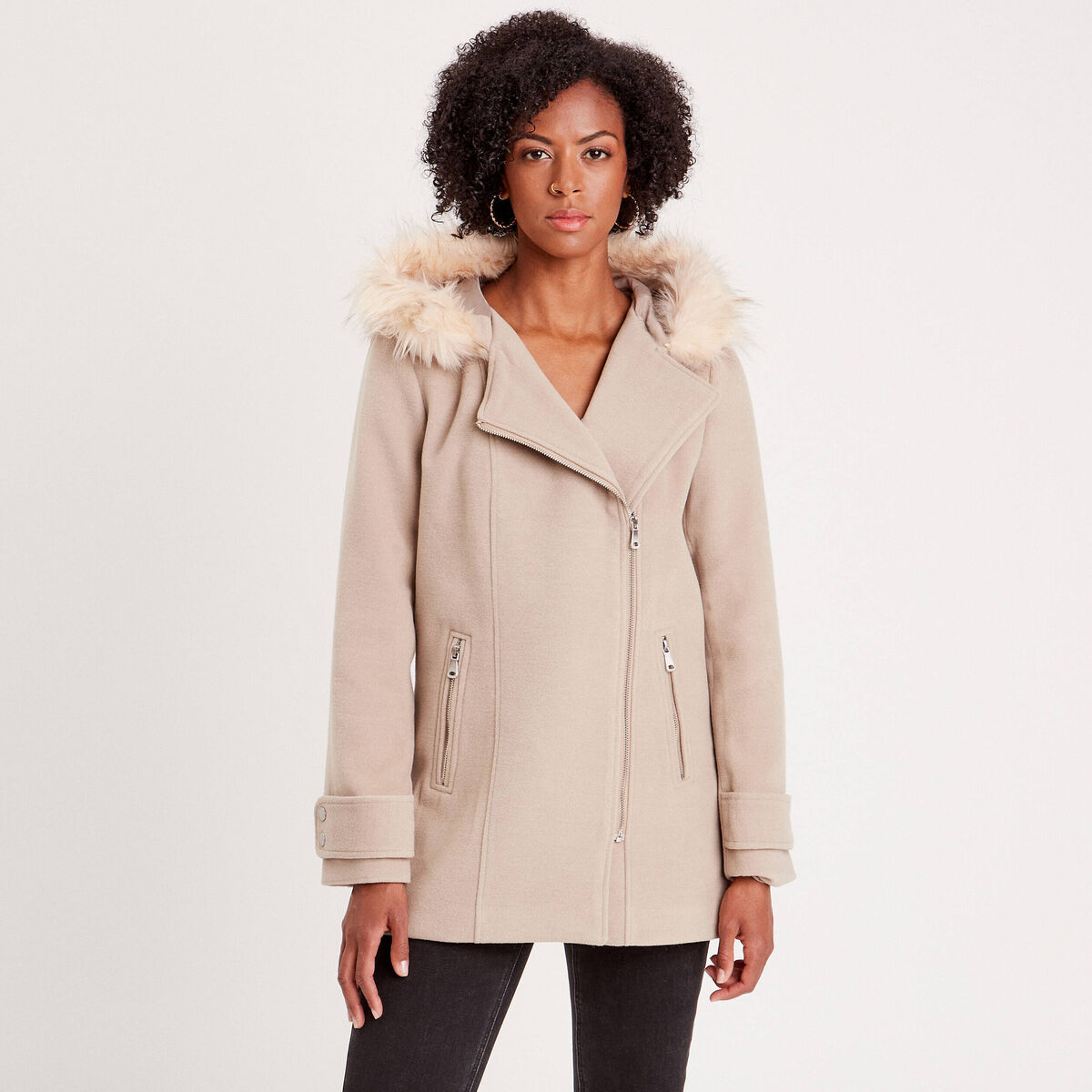 Manteau droit avec capuche beige femme