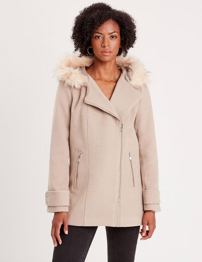 Manteau droit avec capuche beige femme