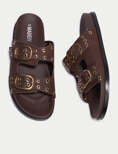 Mules d&eacute;tails clout&eacute;s marron fonc&eacute; femme
