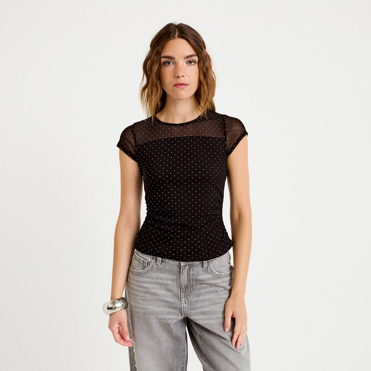Top ajust&eacute; col rond manches courtes noir femme