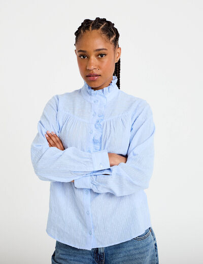 Chemise col montant manches longues bleu clair femme