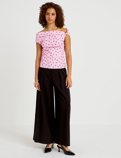 Top pliss&eacute; col bardot sans manches rose clair femme