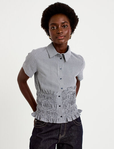 Chemise cintr&eacute;e manches courtes bleu marine femme